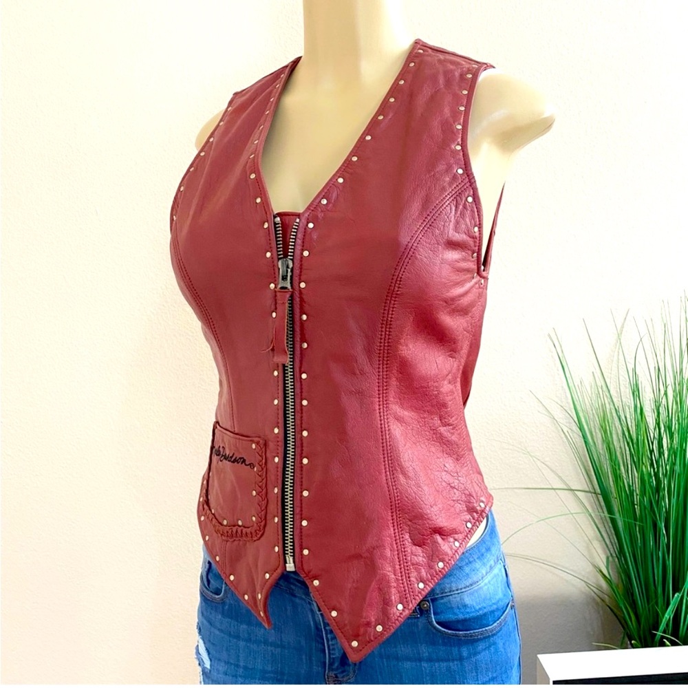 HARLEY-DAVIDSON | Red Genuine Leather Moto Studded Zip Up Women’s Vest Sz Large